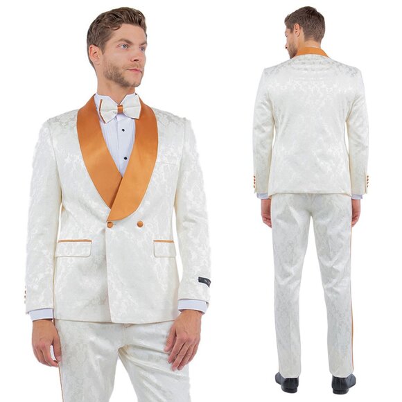 Skinny Fit Rustic Orange Satin Shawl Collar Paisley 2pc Suit Includes Bowtie - Picture 1 of 5